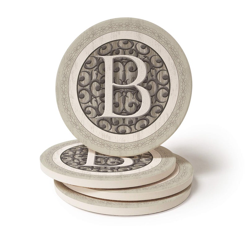 Monogram B Coasters Set of 4 Round Stoneware Coasters, Drink Coasters Wedding or Hostess Gifts for Women Or Men, Housewarming Gifts or Home DÃ©cor Absorbent with Cork Backing